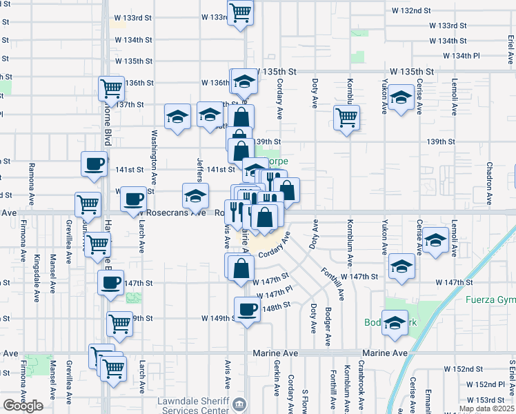 map of restaurants, bars, coffee shops, grocery stores, and more near 3884 Rosecrans Avenue in Hawthorne