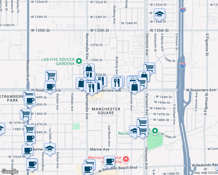 map of restaurants, bars, coffee shops, grocery stores, and more near 1261 West Rosecrans Avenue in Gardena