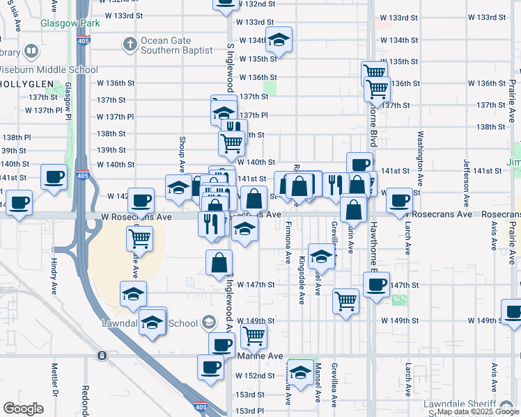 map of restaurants, bars, coffee shops, grocery stores, and more near 4667 Rosecrans Avenue in Hawthorne