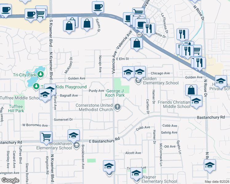 map of restaurants, bars, coffee shops, grocery stores, and more near 2210 Valencia Avenue in Placentia