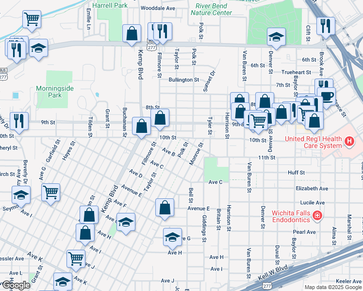 map of restaurants, bars, coffee shops, grocery stores, and more near 1113 Polk Street in Wichita Falls