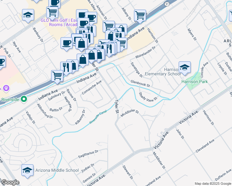 map of restaurants, bars, coffee shops, grocery stores, and more near 3153 Tyler Street in Riverside