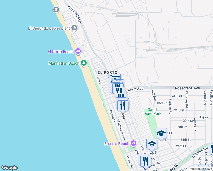 map of restaurants, bars, coffee shops, grocery stores, and more near 204 El Porto Street in Manhattan Beach
