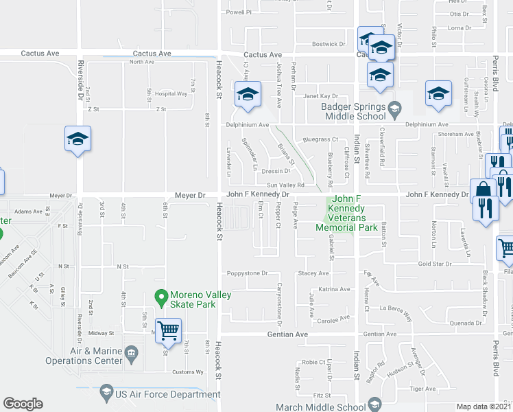 map of restaurants, bars, coffee shops, grocery stores, and more near 15040 Heacock Street in Moreno Valley