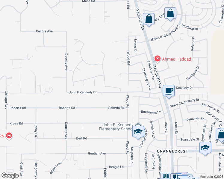 map of restaurants, bars, coffee shops, grocery stores, and more near 11847 John F Kennedy Drive in Riverside