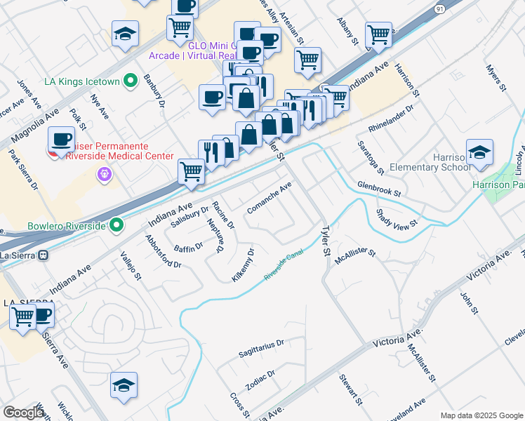 map of restaurants, bars, coffee shops, grocery stores, and more near 3245 Nez Perce Trail in Riverside