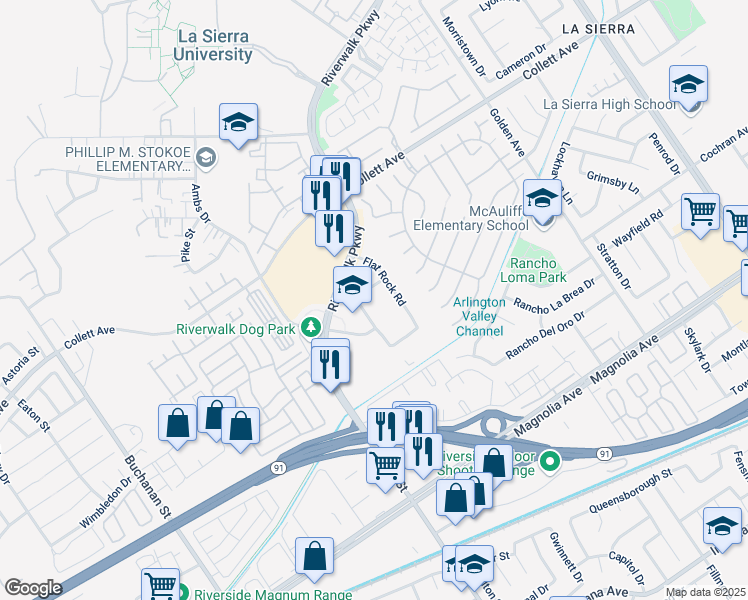 map of restaurants, bars, coffee shops, grocery stores, and more near 4076 Flat Rock Road in Riverside