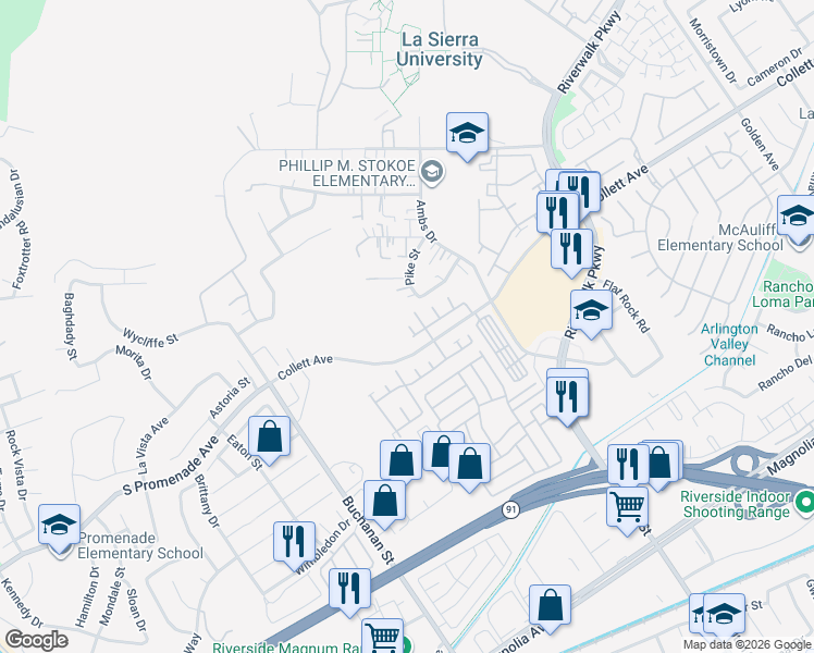 map of restaurants, bars, coffee shops, grocery stores, and more near 12016 Quantico Drive in Riverside