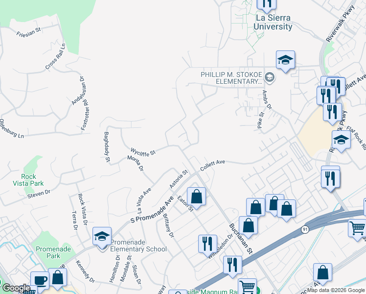 map of restaurants, bars, coffee shops, grocery stores, and more near 12235 Colville Lane in Riverside