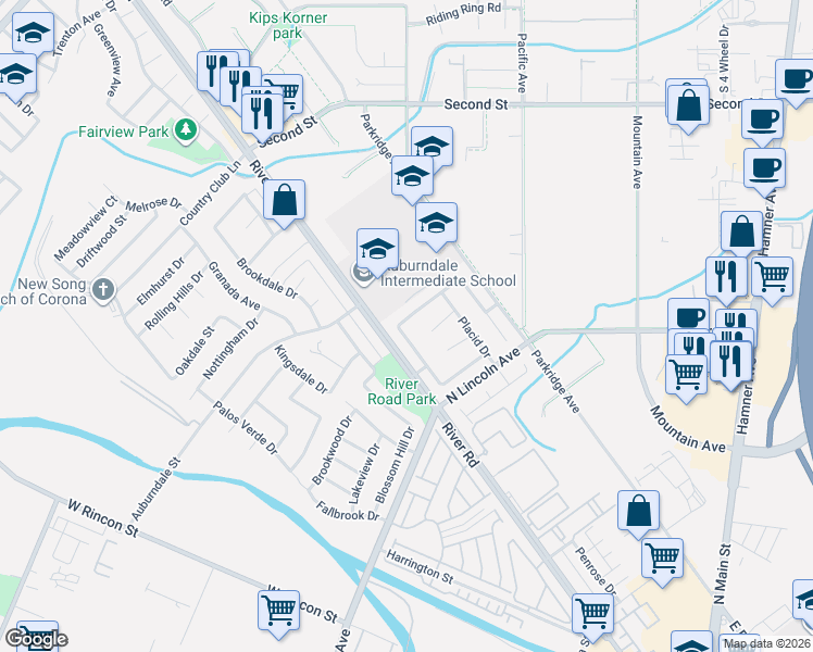 map of restaurants, bars, coffee shops, grocery stores, and more near 1140 Serene Drive in Corona
