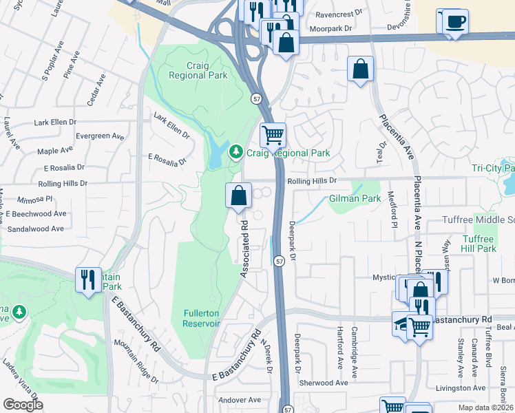 map of restaurants, bars, coffee shops, grocery stores, and more near 2790 Quail Ridge Circle in Fullerton