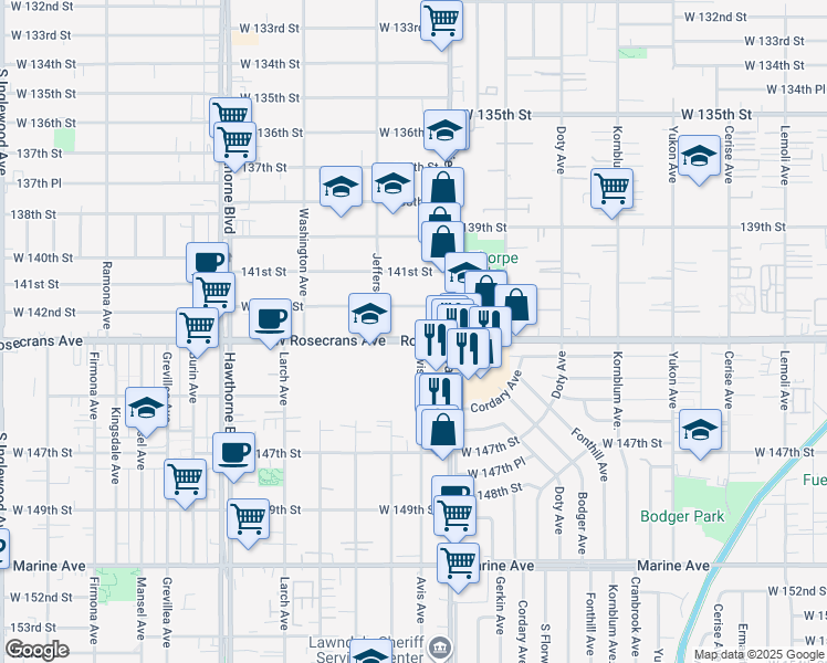 map of restaurants, bars, coffee shops, grocery stores, and more near 4051 Rosecrans Avenue in Hawthorne