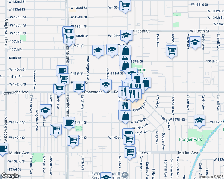 map of restaurants, bars, coffee shops, grocery stores, and more near 4051 Rosecrans Avenue in Hawthorne