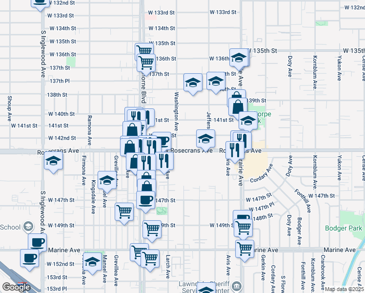 map of restaurants, bars, coffee shops, grocery stores, and more near 4211 Rosecrans Avenue in Hawthorne
