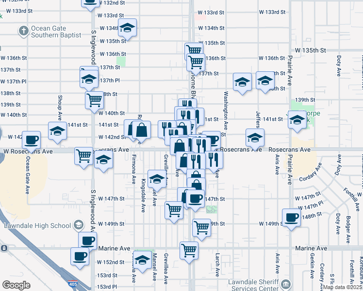 map of restaurants, bars, coffee shops, grocery stores, and more near in Lawndale