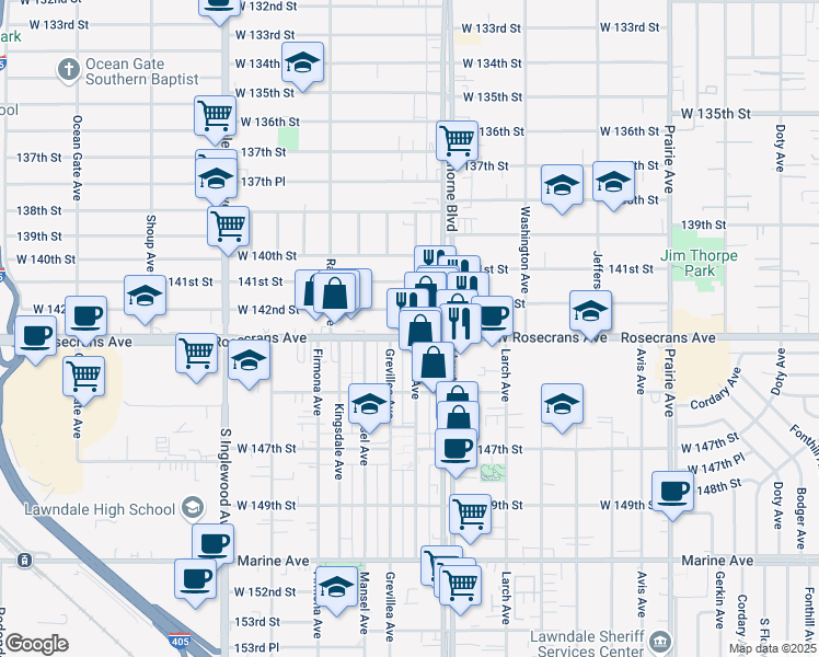map of restaurants, bars, coffee shops, grocery stores, and more near 4470 Rosecrans Avenue in Hawthorne