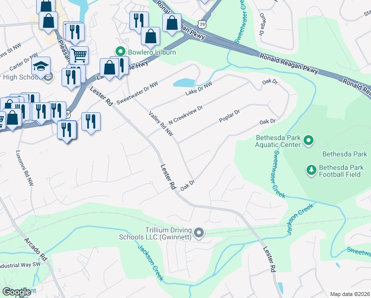 map of restaurants, bars, coffee shops, grocery stores, and more near 106 Valley Road Northwest in Lawrenceville