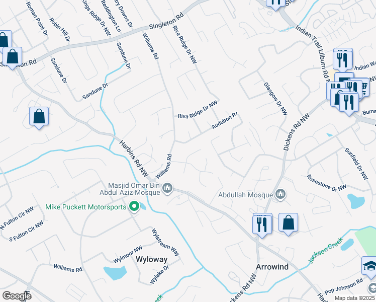 map of restaurants, bars, coffee shops, grocery stores, and more near 947 Amberly Drive in Norcross