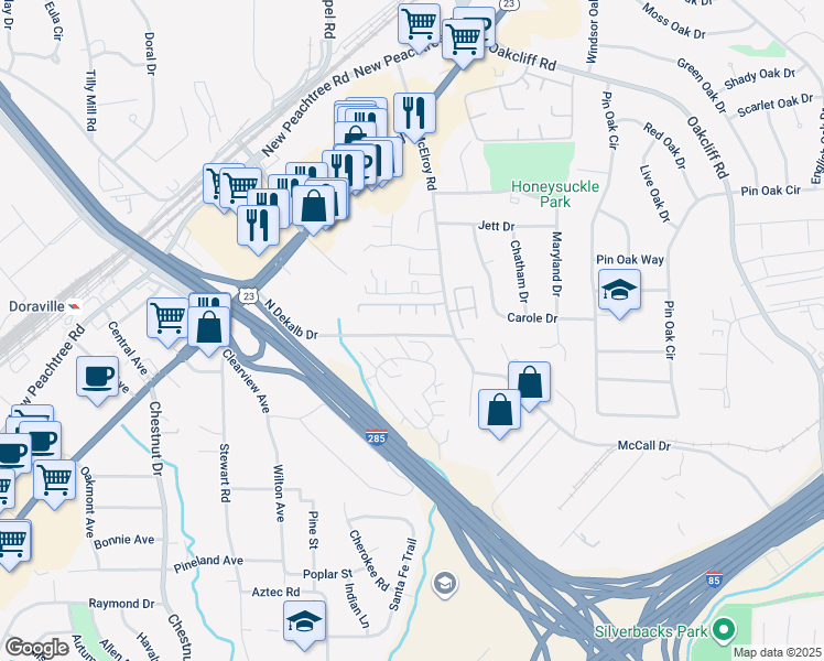 map of restaurants, bars, coffee shops, grocery stores, and more near 2959 North Dekalb Drive in Atlanta