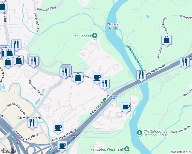 map of restaurants, bars, coffee shops, grocery stores, and more near 2109 Powers Ferry Road in Marietta