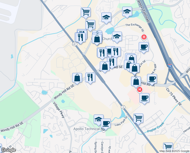 map of restaurants, bars, coffee shops, grocery stores, and more near 2086 Cobb Parkway Southeast in Marietta