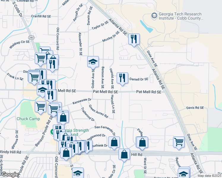 map of restaurants, bars, coffee shops, grocery stores, and more near 2086 Harold Avenue Southeast in Smyrna
