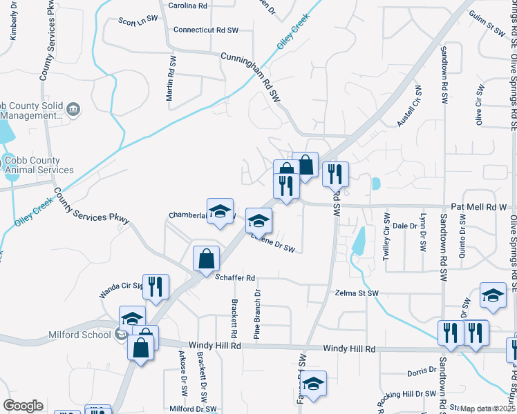 map of restaurants, bars, coffee shops, grocery stores, and more near 2143 Austell Road Southwest in Marietta