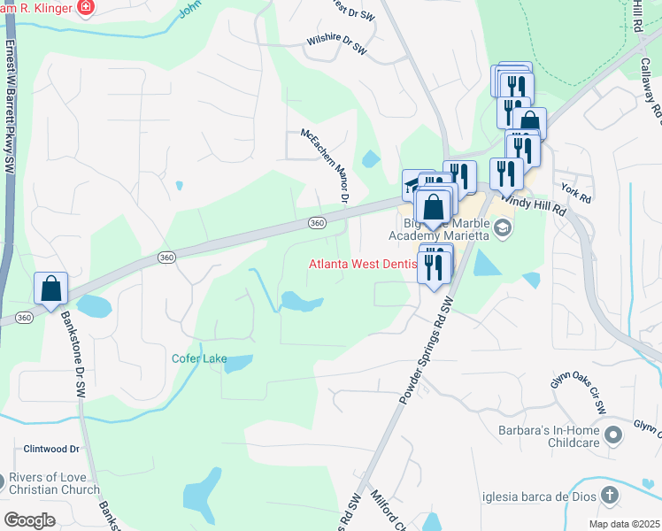 map of restaurants, bars, coffee shops, grocery stores, and more near 1925 Harken Grove in Marietta