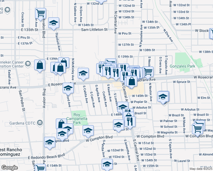 map of restaurants, bars, coffee shops, grocery stores, and more near 14333 South Keene Avenue in Compton