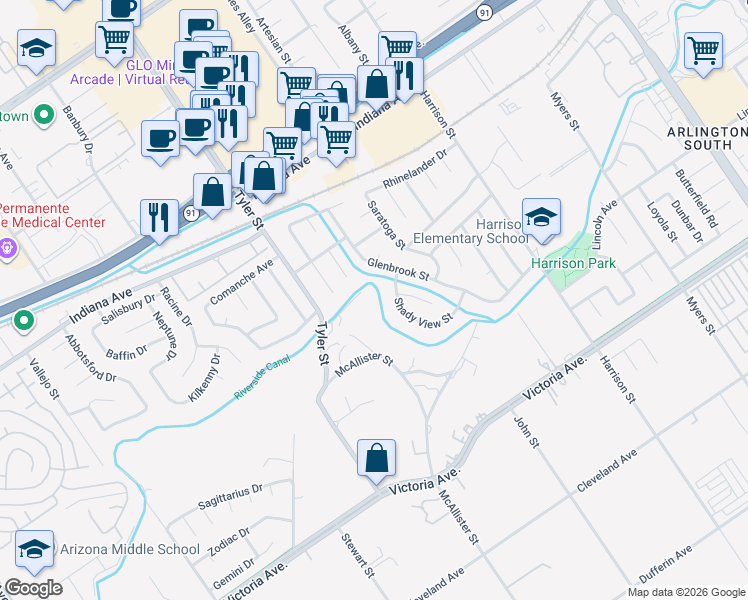 map of restaurants, bars, coffee shops, grocery stores, and more near 10220 Balmoral Court in Riverside