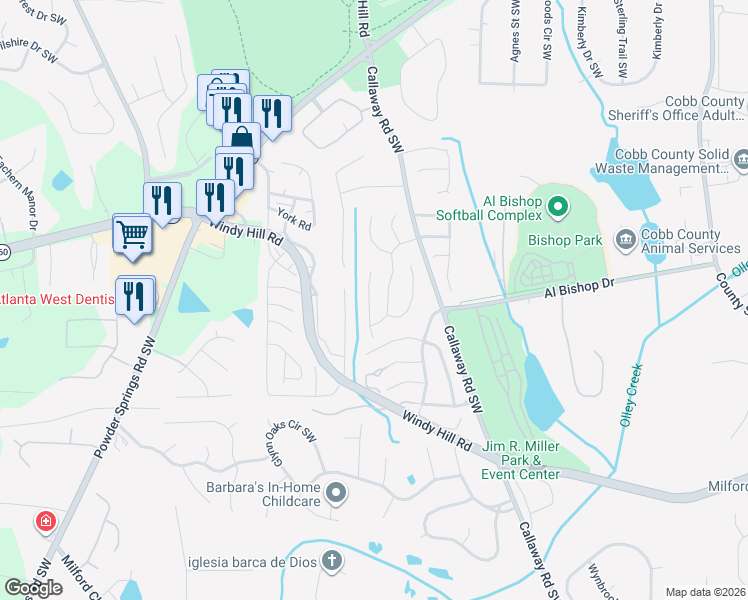 map of restaurants, bars, coffee shops, grocery stores, and more near 2104 Corsica Way Southwest in Marietta