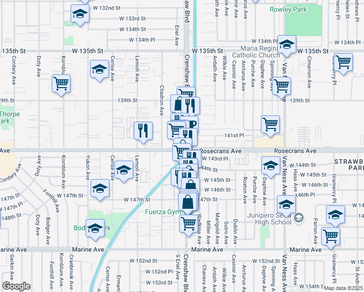 map of restaurants, bars, coffee shops, grocery stores, and more near 3116 Rosecrans Avenue in Hawthorne