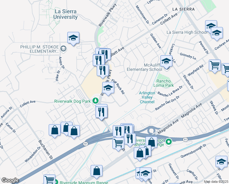 map of restaurants, bars, coffee shops, grocery stores, and more near 4076 Flat Rock Road in Riverside