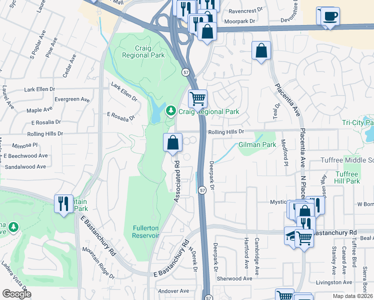 map of restaurants, bars, coffee shops, grocery stores, and more near 2790 Quail Ridge Circle in Fullerton