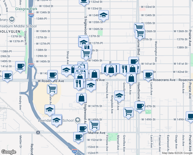 map of restaurants, bars, coffee shops, grocery stores, and more near 4654 Rosecrans Avenue in Hawthorne