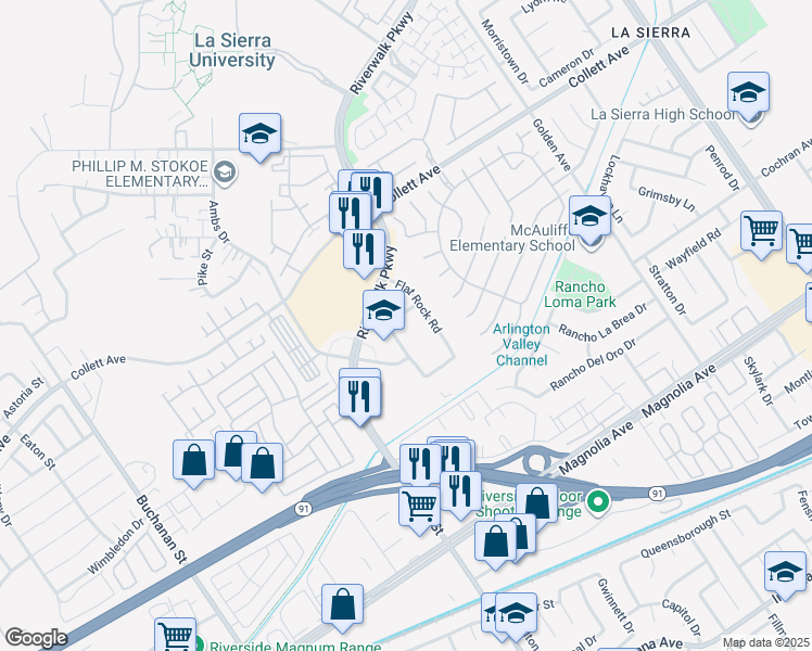 map of restaurants, bars, coffee shops, grocery stores, and more near 4193 Flat Rock Road in Riverside