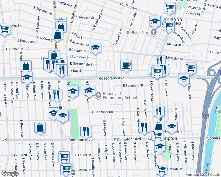 map of restaurants, bars, coffee shops, grocery stores, and more near 914 North Locust Avenue in Compton