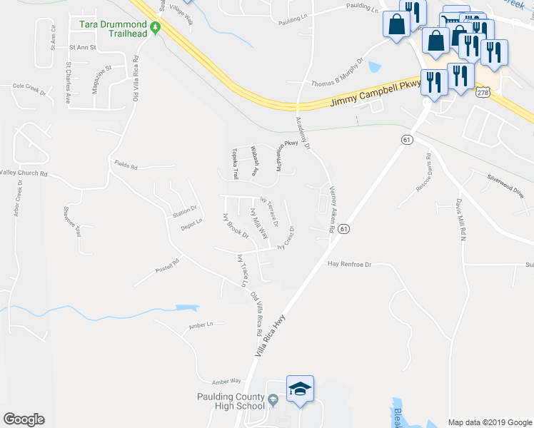 map of restaurants, bars, coffee shops, grocery stores, and more near 414 Ivy Terrace Drive in Dallas