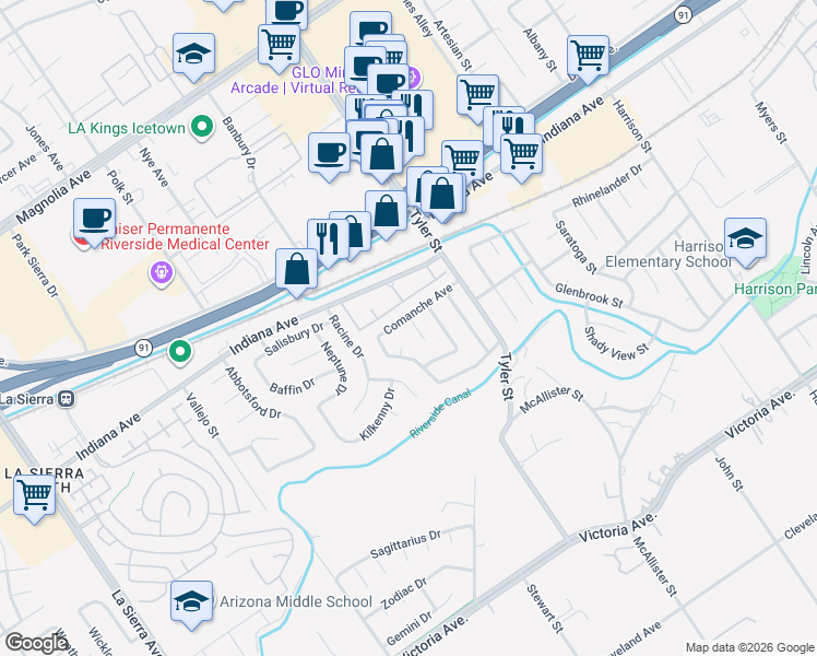 map of restaurants, bars, coffee shops, grocery stores, and more near 3245 Nez Perce Trail in Riverside