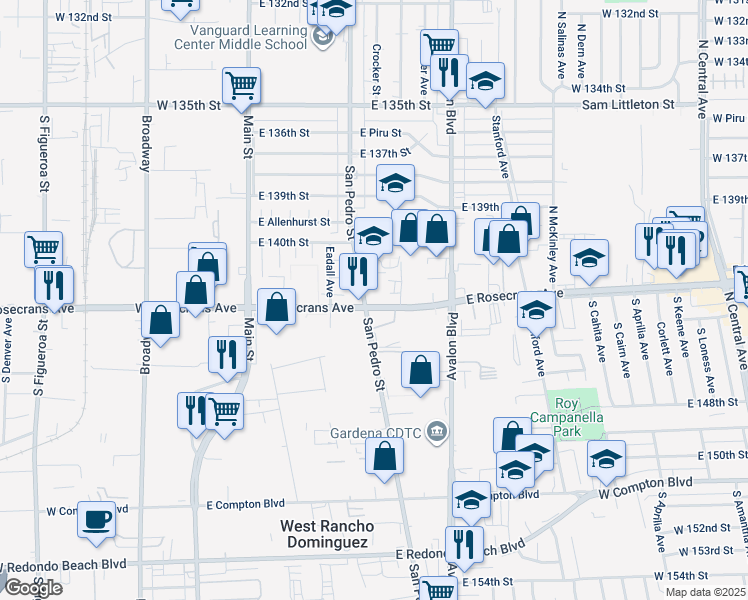 map of restaurants, bars, coffee shops, grocery stores, and more near 405 East Rosecrans Avenue in Gardena