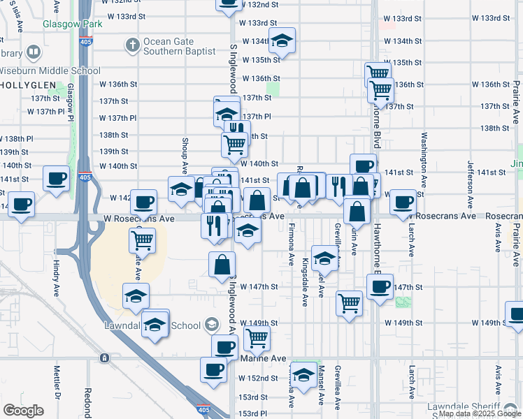 map of restaurants, bars, coffee shops, grocery stores, and more near 4667 Rosecrans Avenue in Hawthorne