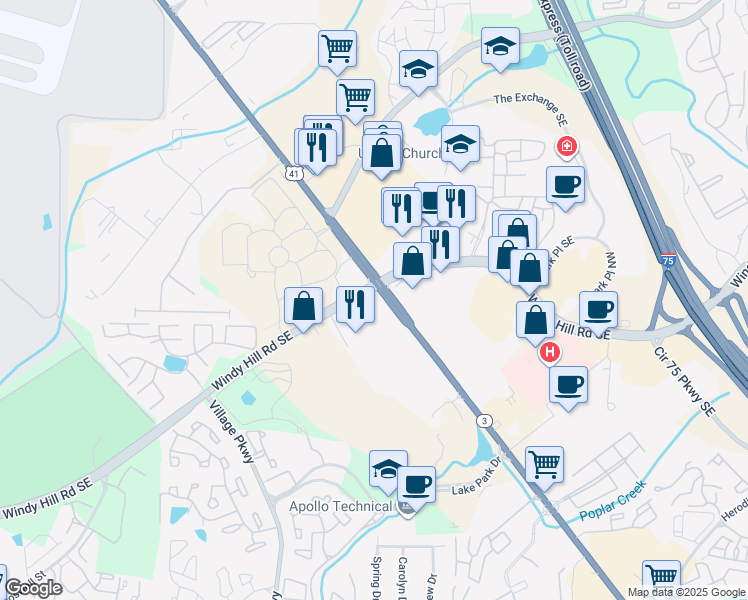 map of restaurants, bars, coffee shops, grocery stores, and more near 2086 Cobb Parkway Southeast in Marietta