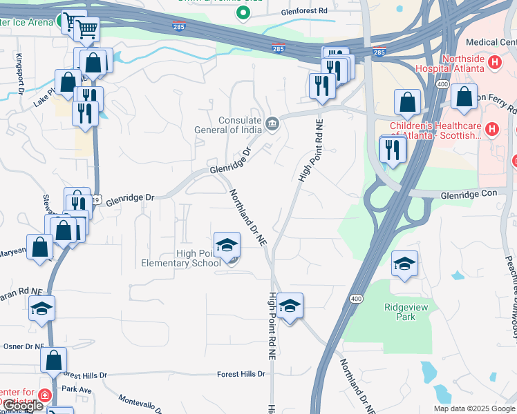 map of restaurants, bars, coffee shops, grocery stores, and more near 5399 Northland Drive Northeast in Atlanta