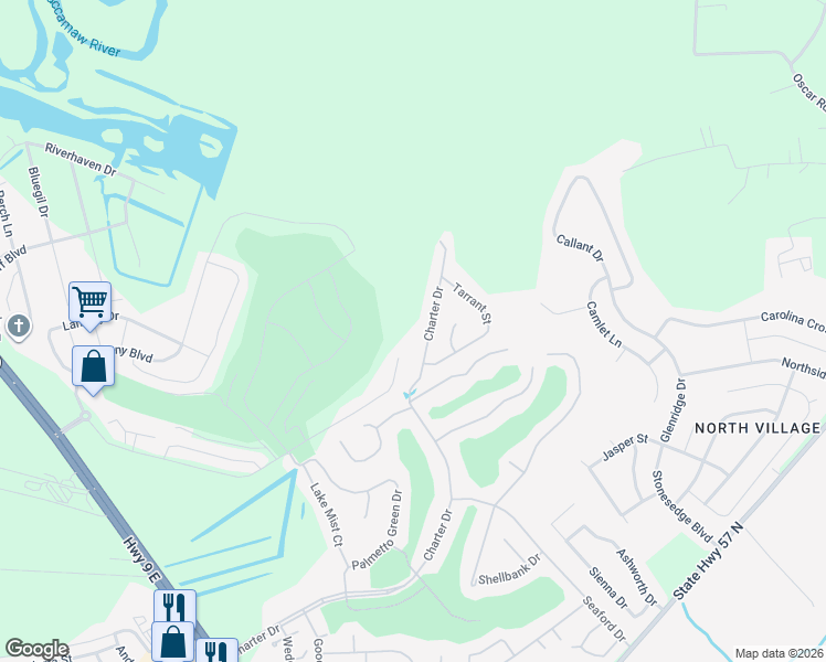 map of restaurants, bars, coffee shops, grocery stores, and more near 611 Charter Drive in Longs