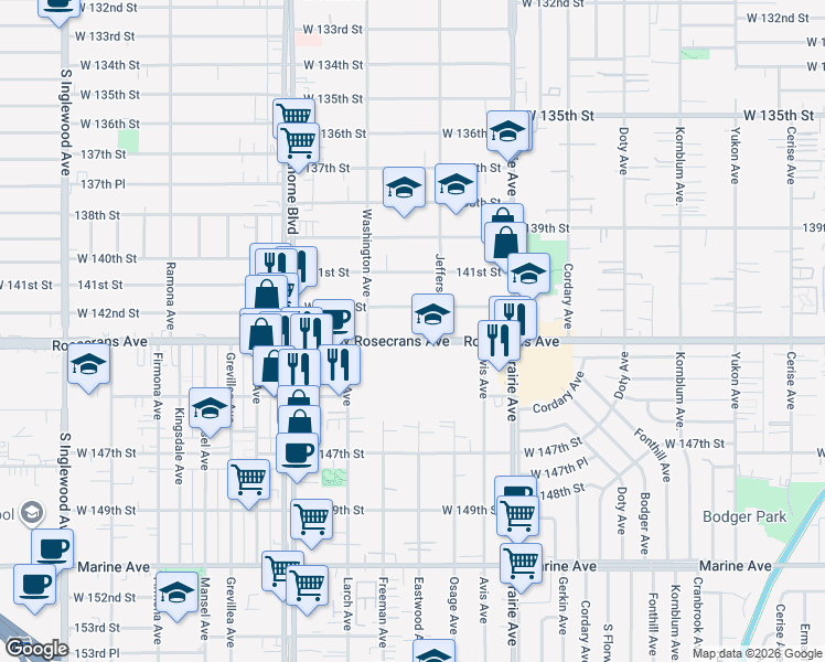 map of restaurants, bars, coffee shops, grocery stores, and more near 4211 Rosecrans Avenue in Hawthorne
