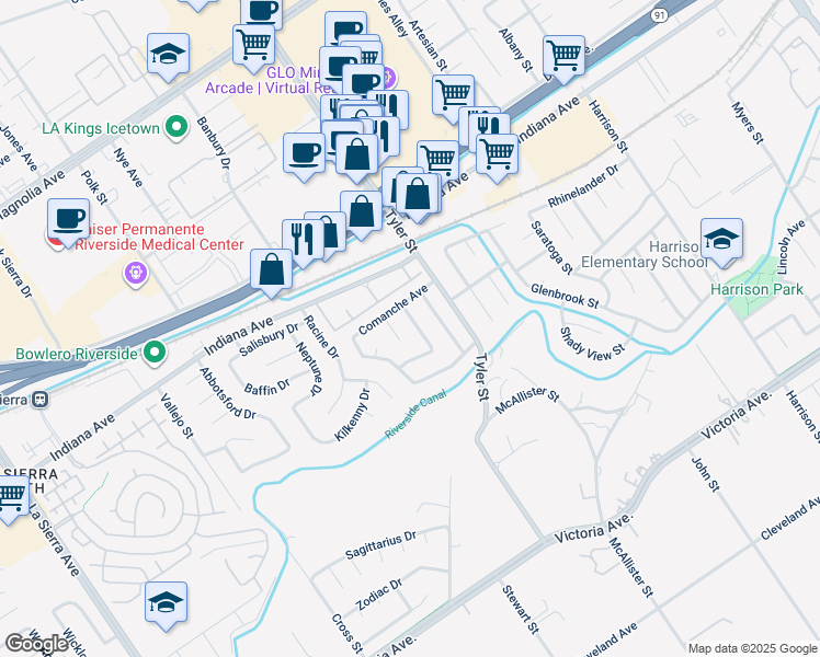 map of restaurants, bars, coffee shops, grocery stores, and more near 3242 Winnebago Lane in Riverside