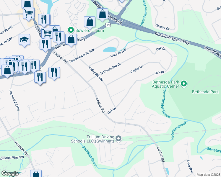 map of restaurants, bars, coffee shops, grocery stores, and more near 106 Valley Road in Lawrenceville