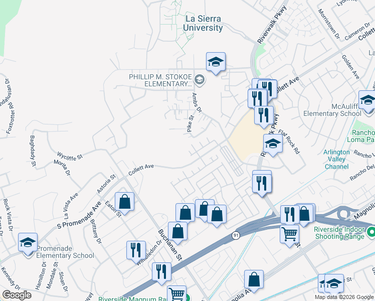 map of restaurants, bars, coffee shops, grocery stores, and more near 12016 Quantico Drive in Riverside