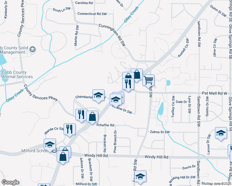 map of restaurants, bars, coffee shops, grocery stores, and more near 2143 Austell Road Southwest in Marietta