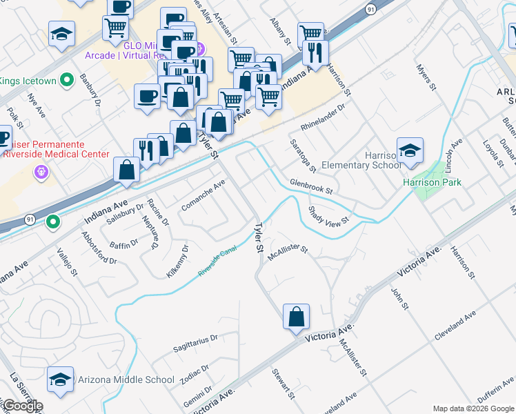 map of restaurants, bars, coffee shops, grocery stores, and more near 3153 Tyler Street in Riverside